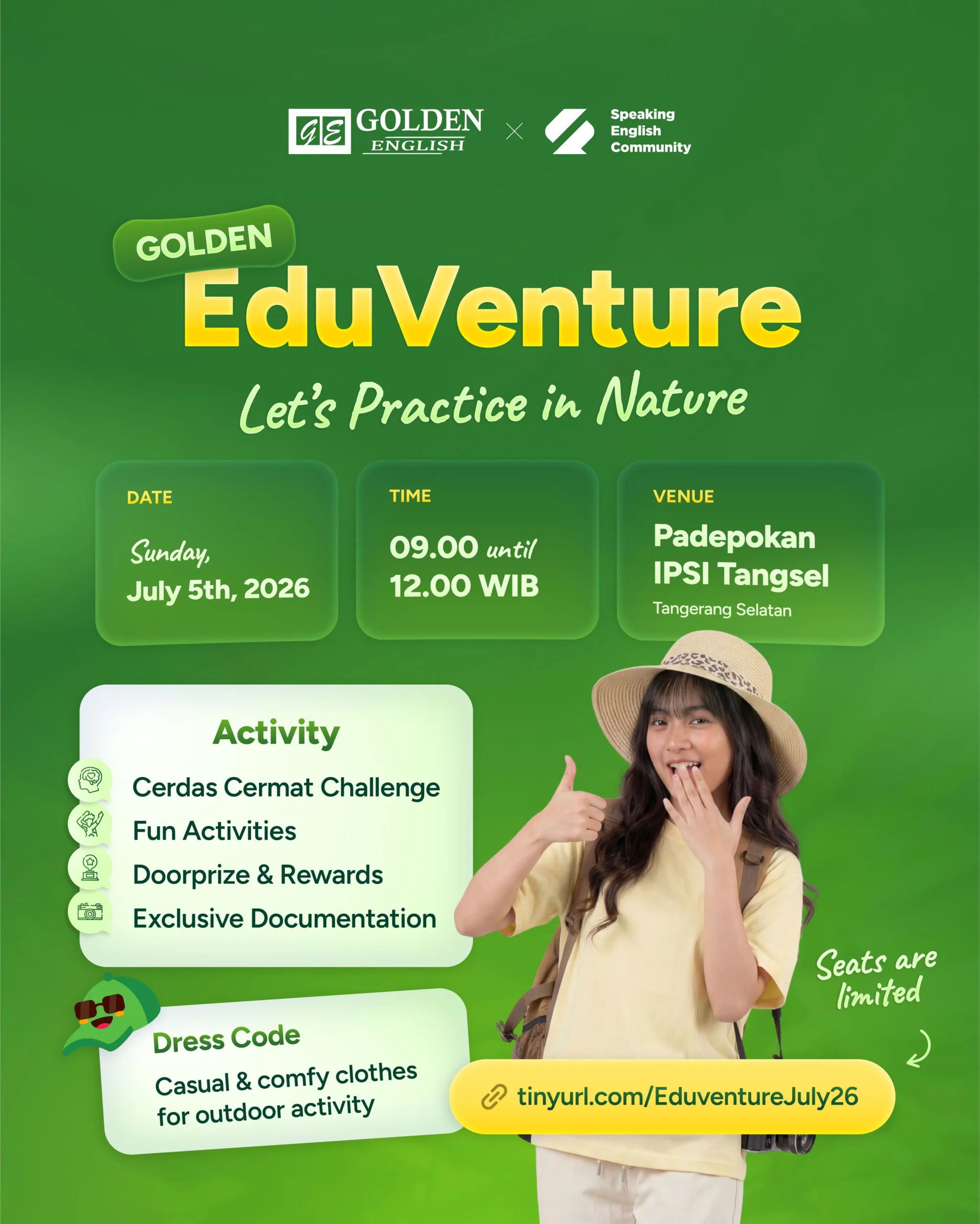Poster Golden EduVenture kolaborasi Golden English dan Speaking English Community di Padepokan IPSI Tangsel, Minggu 5 Juli 2026, pukul 09.00 sampai 12.00 WIB
