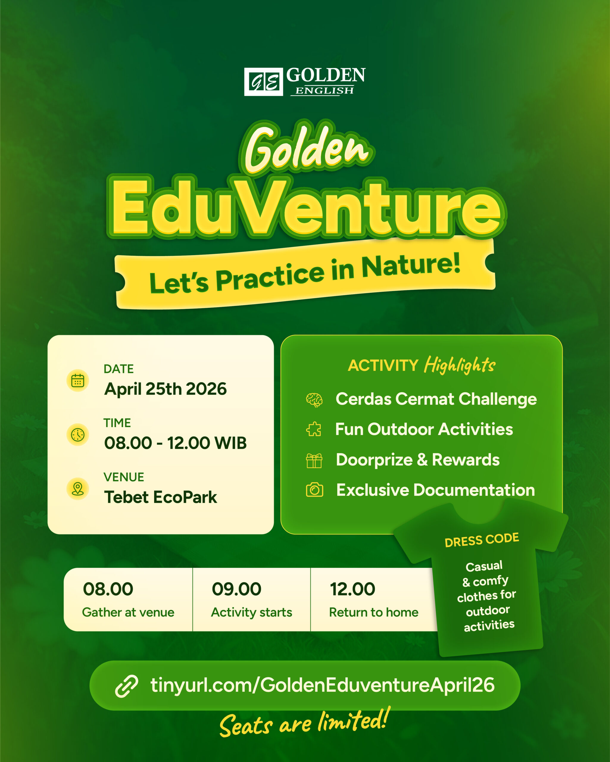Poster Golden EduVenture Let's Practice in Nature di Tebet EcoPark Jakarta Selatan, 25 April 2026, pukul 08.00 sampai 12.00 WIB