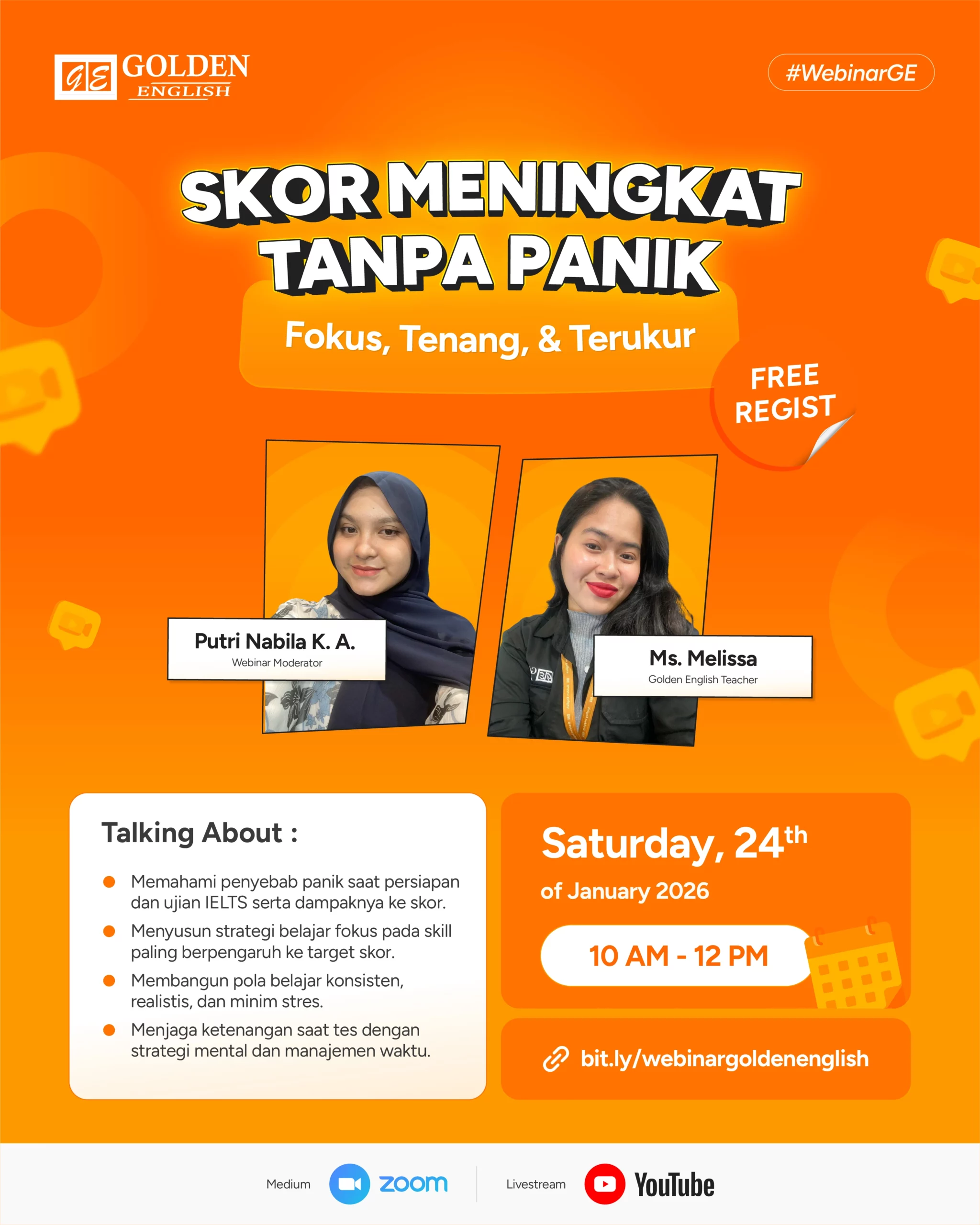 Poster webinar Golden English: IELTS Skor Meningkat Tanpa Panik, Januari 2026