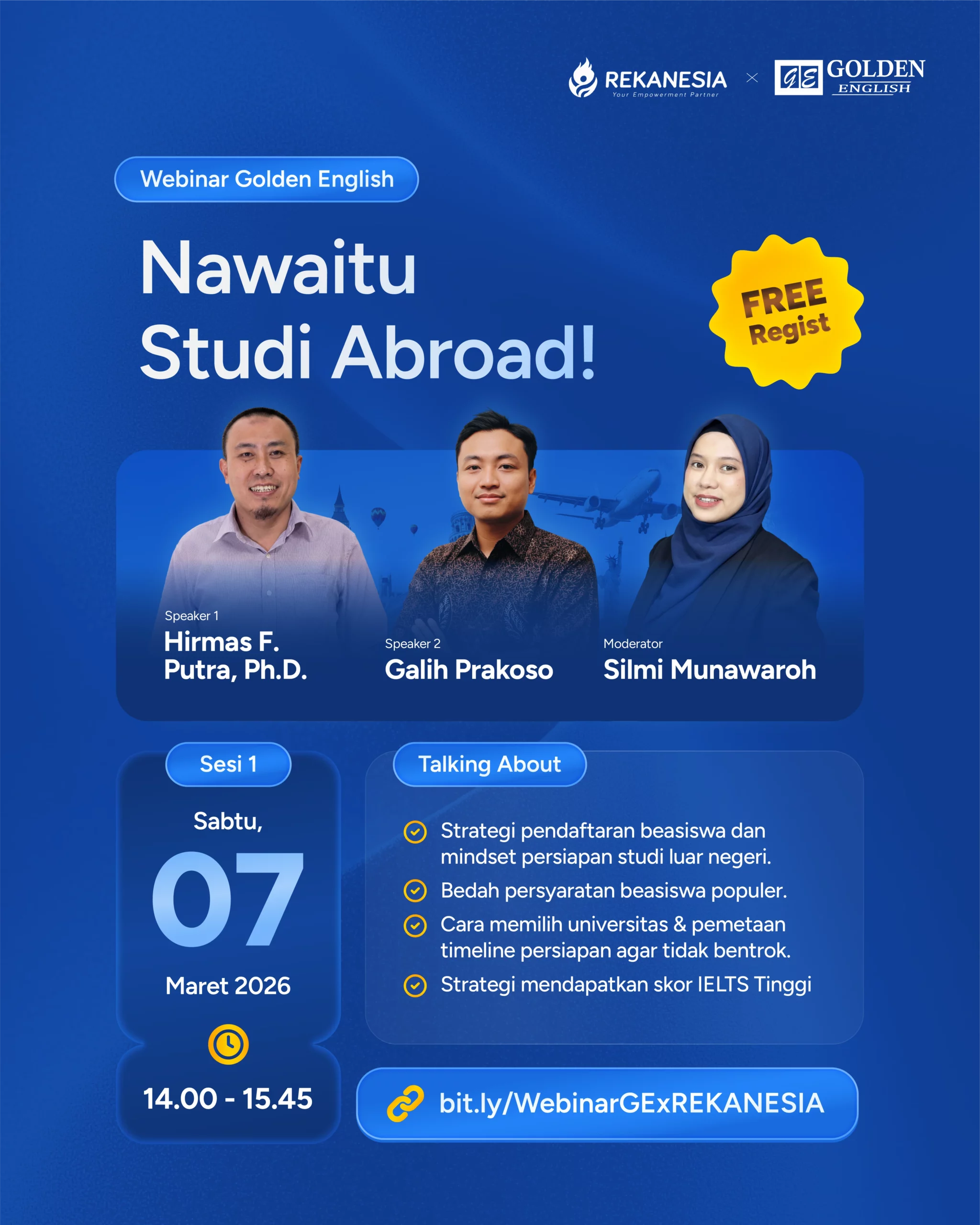 Poster webinar Golden English bersama Rekanesia: Nawaitu Study Abroad Sesi 1, Maret 2026