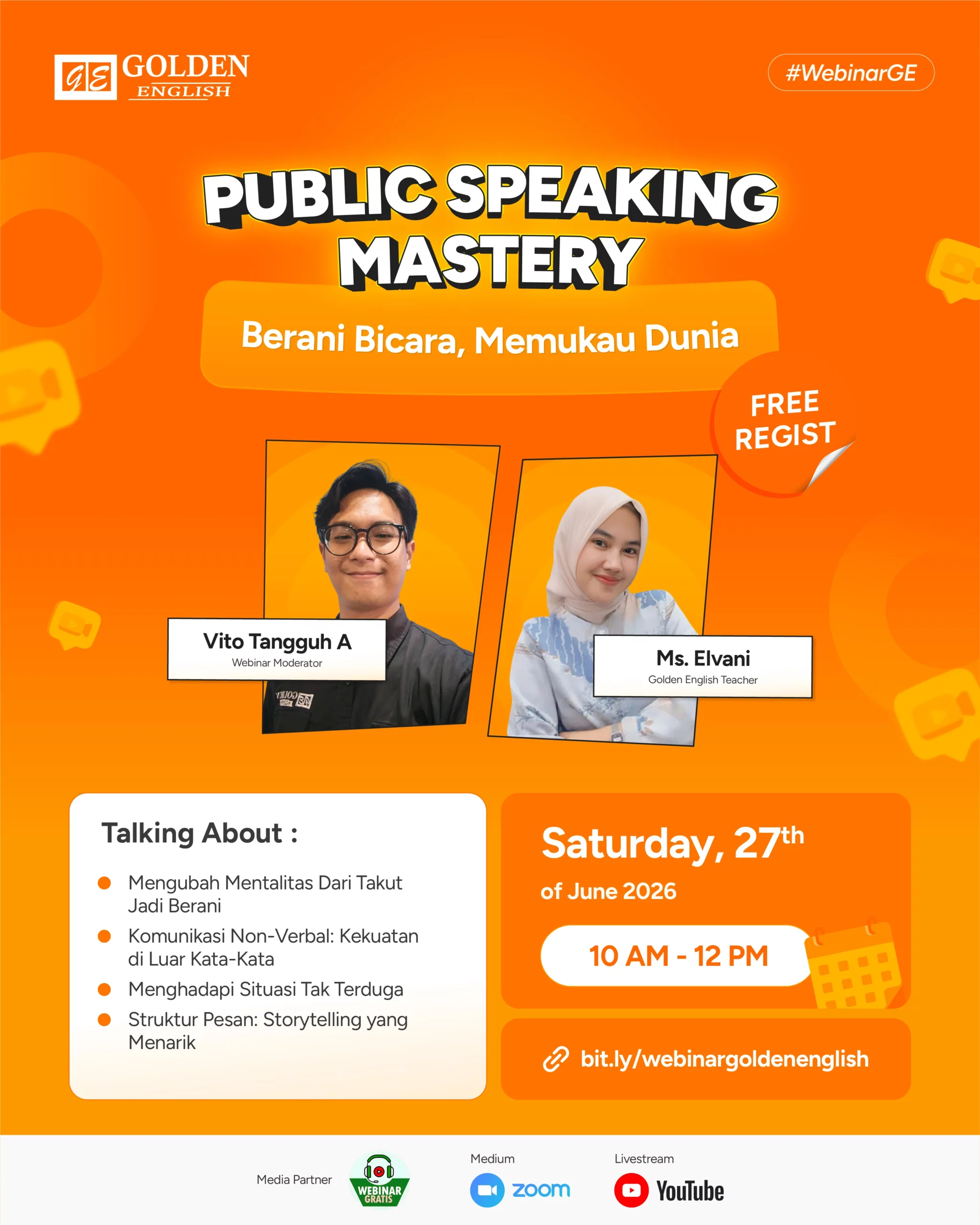Poster webinar Golden English: Public Speaking Mastery, Juni 2026