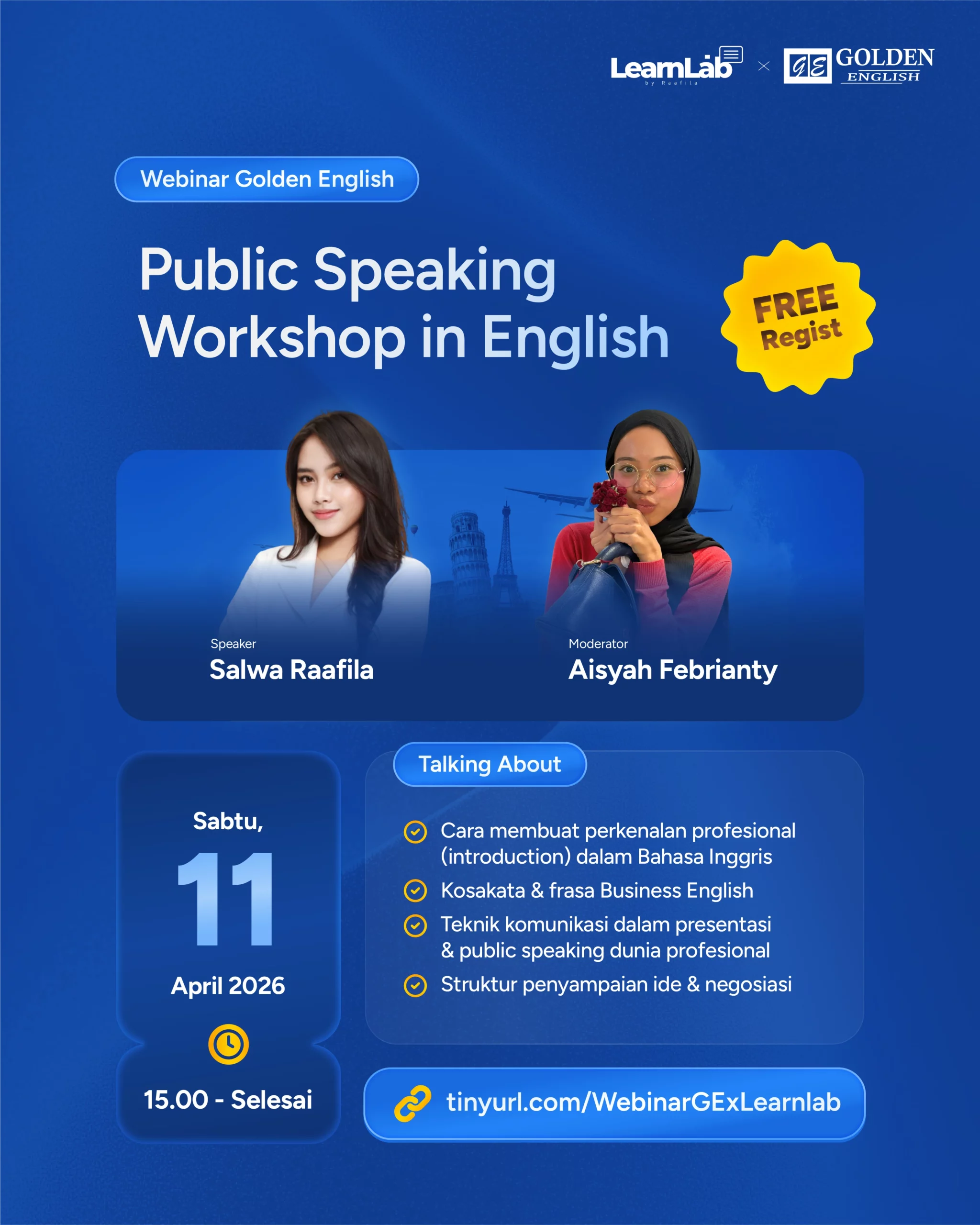 Poster webinar Golden English bersama LearnLab: Public Speaking Workshop in English, April 2026