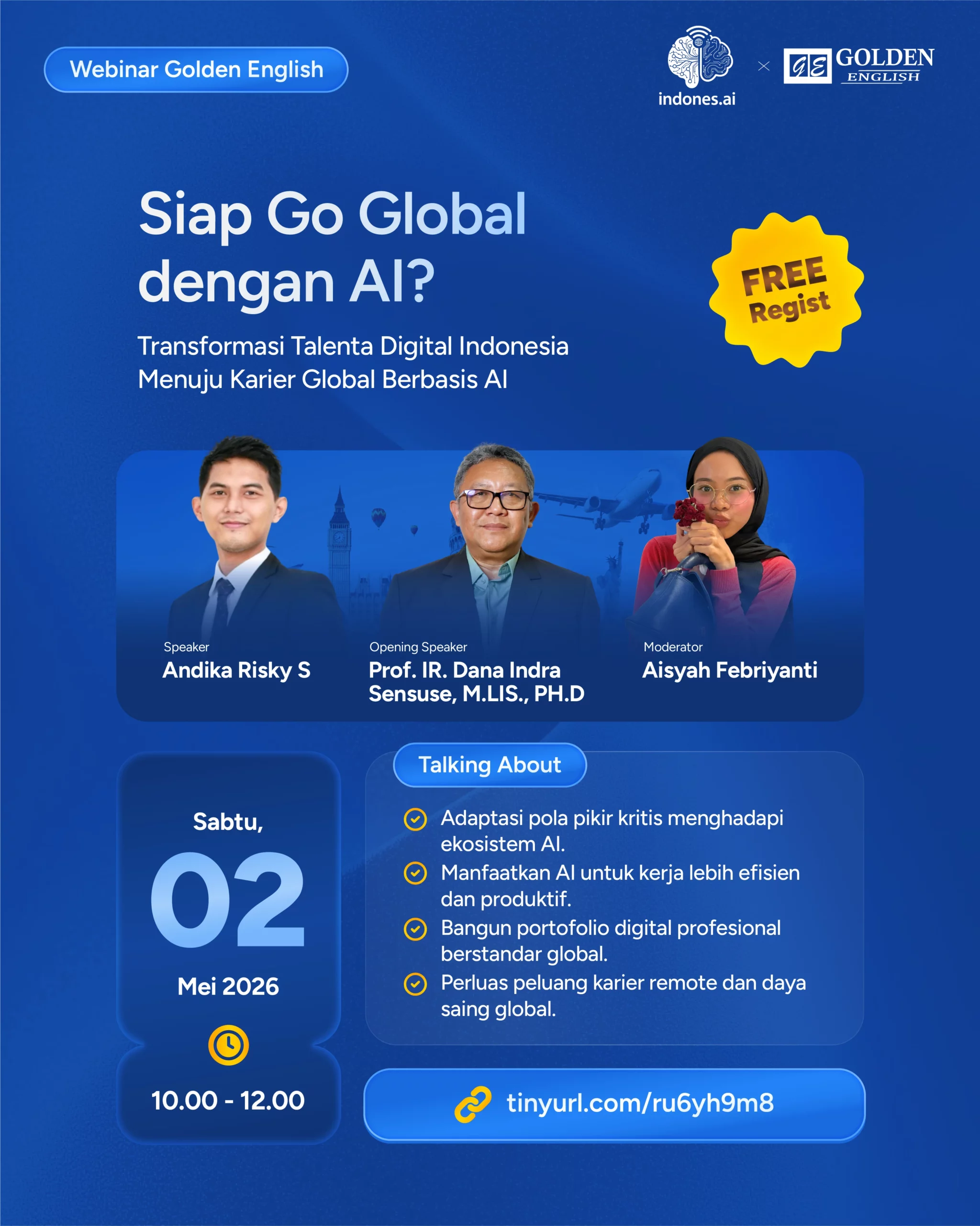Poster webinar Golden English bersama IndonesAI: Siap Go Global dengan AI, Mei 2026
