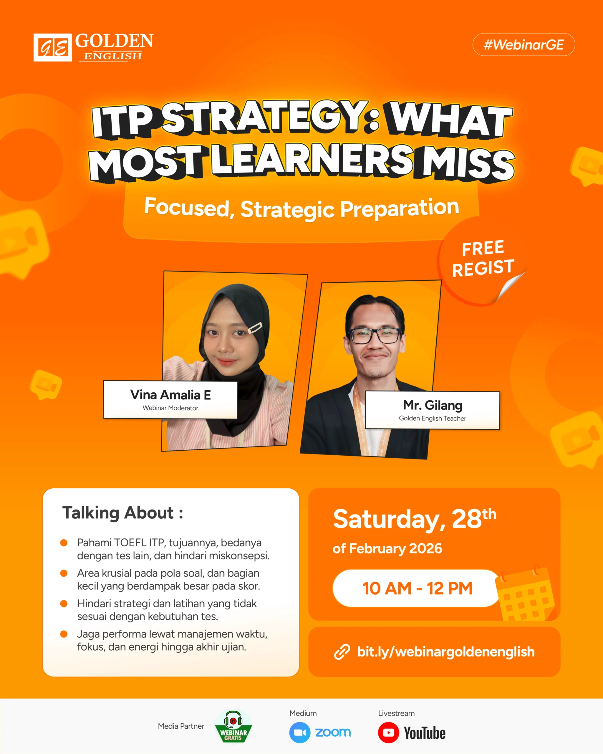 Poster webinar Golden English: TOEFL ITP Strategy, What Most Learners Miss, Februari 2026