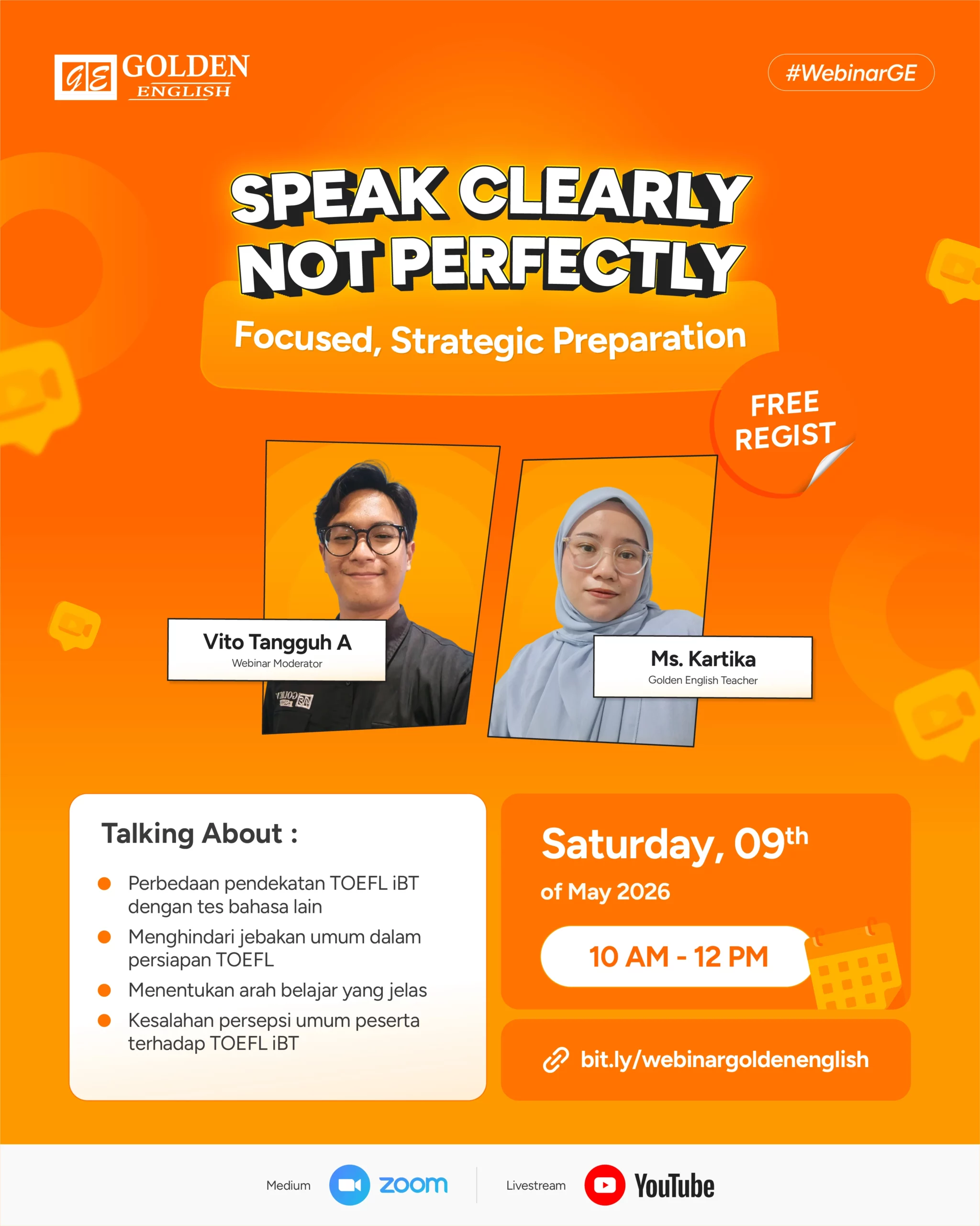 Poster webinar Golden English: TOEFL iBT, Speak Clearly Not Perfectly, Mei 2026
